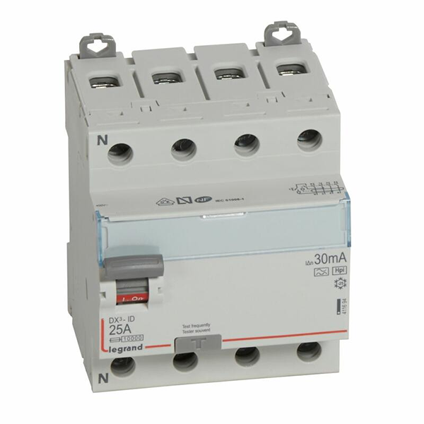 INTERRUPTEUR DIFFERENTIEL MODULAIRE 4P 25A 30MA HPI 4MOD VIS/VIS 411694 LEGRAND