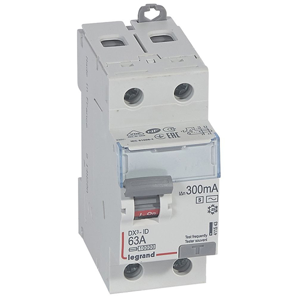 INTERRUPTEUR DIFFERENTIEL MODULAIRE 2P 63A 100MA AC SELECTIF 2MOD VIS/VIS 411543