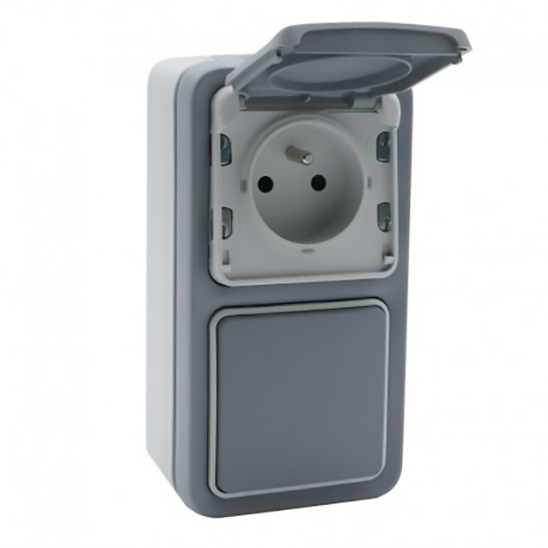 INTERRUPTEUR OU VA-ET-VIENT + PRISE AVEC TERRE PLEXO APPARENT VERTICAL - GRIS