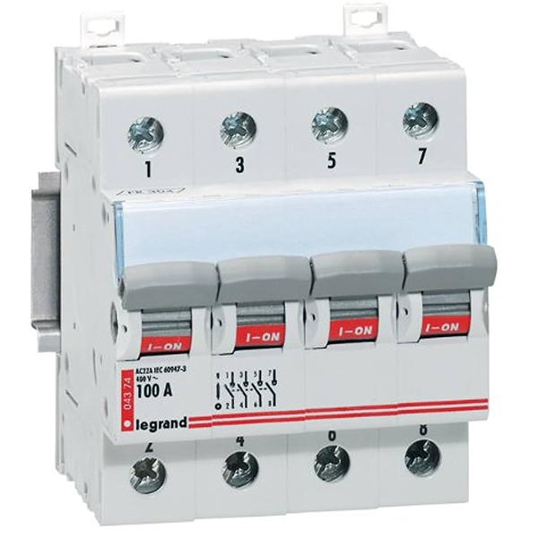 INTERRUPTEUR MODULAIRE 4P 100A 400V 4MOD VIS/VIS 004374 LEGRAND