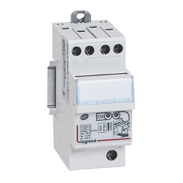 PARAFOUDRE MODULAIRE AUTOPROTEGE 2P TYPE 2 12KA UP 1/1,2KV UC275VAC ICC4,5KA 2MOD VIS/VIS 003951 LEGRAND
