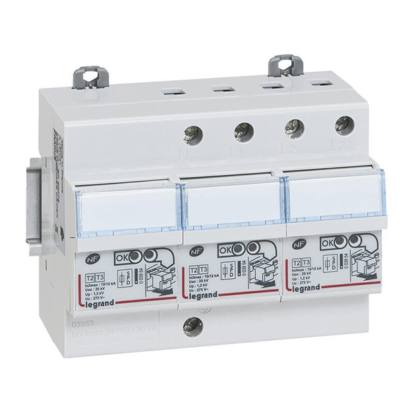 PARAFOUDRE MODULAIRE AUTOPROTEGE 4P TYPE 2 12KA UP 1/1,2KV UC275VAC ICC4,5KA 6MOD VIS/VIS 003953 LEGRAND