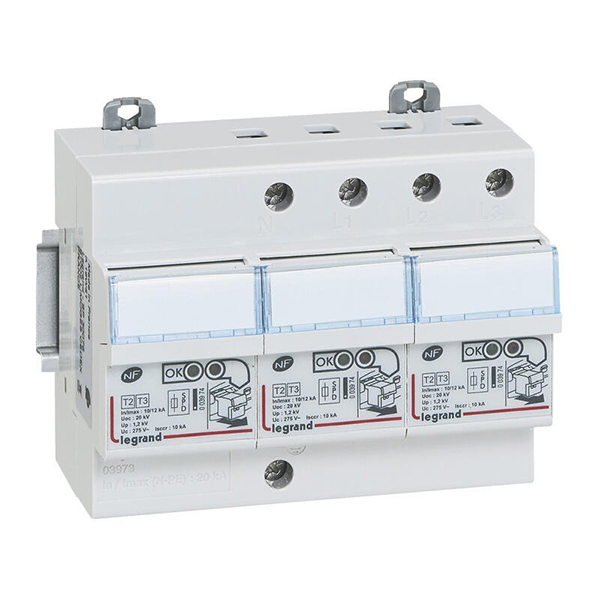 PARAFOUDRE MODULAIRE AUTOPROTEGE 4P TYPE 2 12KA UP 1/1,2KV UC275VAC ICC10KA 6MOD VIS/VIS 003973 LEGRAND