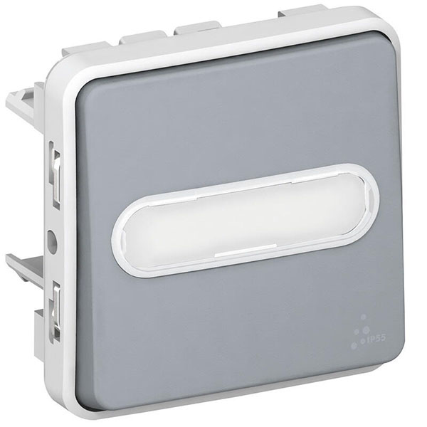 POUSSOIR NO LUMINEUX ETANCHE AVEC PORTE-ETIQUETTE PLEXO COMPOSABLE IP55 10A - GRIS