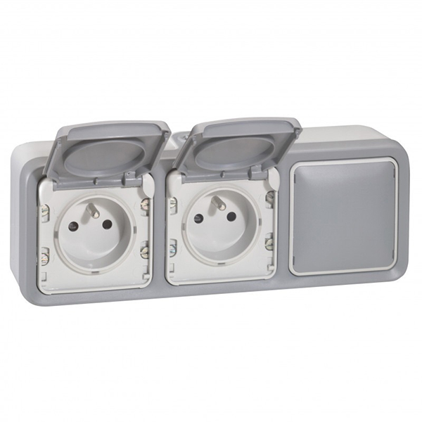 DOUBLE PRISE DE COURANT + OBTURATEUR PLEXO COMPLET APPARENT - GRIS