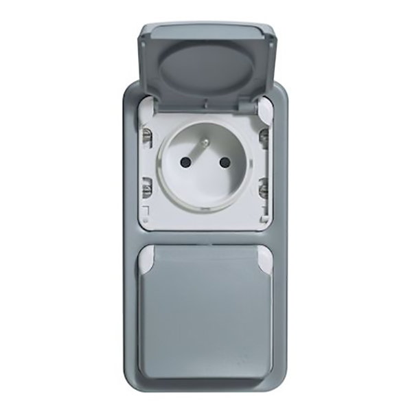 DOUBLE PRISE DE COURANT AVEC TERRE PLEXO APPARENT VERTICAL - GRIS