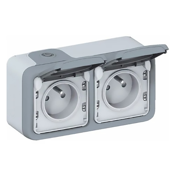 DOUBLE PRISE DE COURANT AVEC TERRE PLEXO APPARENT HORIZONTAL - GRIS