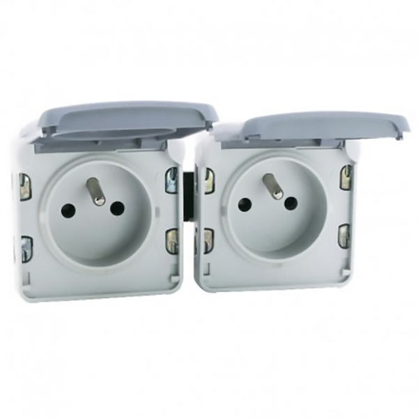 DOUBLE PRISE DE COURANT ETANCHE 2P+T PRECABLEES A L HORIZONTALE PLEXO COMPOSABLE IP55 16A 250V - GRIS