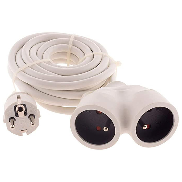 RALLONGE BI TETE HO5VV-F 3G1.5 BLANC LG : 5 M - 1 PRISE MALE + 2 PRISE FEMELLE