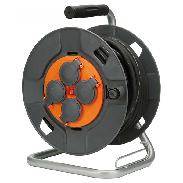 ENROULEUR CHANTIER HO7RN-F 4 PRISES 16A 3G1,5 25 M + COUPE-CIRCUIT EQUIPE D UNE POIGNEE EXTRACTIBLE + GUIDE CABLE