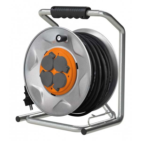 ENROULEUR CHANTIER HO7RN-F 4 PRISES 16A 3G2,5 35 M + COUPE-CIRCUIT + GUIDE CABLE + FLASQUE METAL - PLATINE FIXE