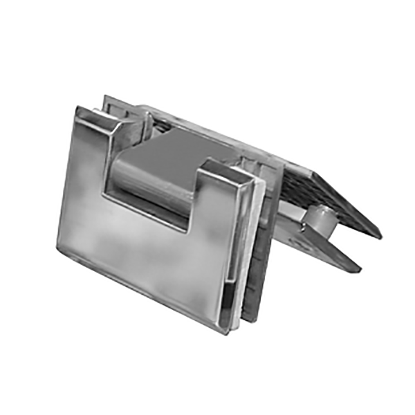 CHARNIERE DE PORTE DE DOUCHE EN VERRE DOUBLE SENS POUR FIXATION MUR-VERRE A 45° - 90X55X4MM CHANFREINE