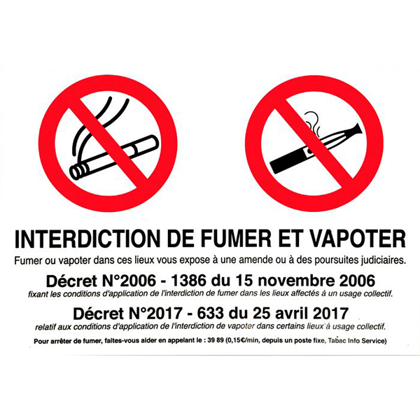 PANNEAU INTERDICTION DE FUMER ET DE VAPOTER PVC ADHESIF 275X190MM