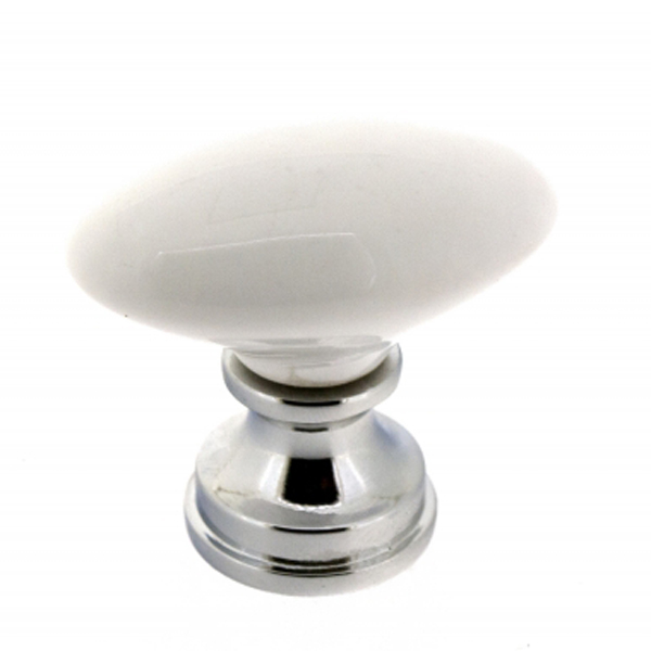 BOUTON DE MEUBLE SOLITAIRE ZAMAK CHROME PORCELAINE BLANCHE 39X22