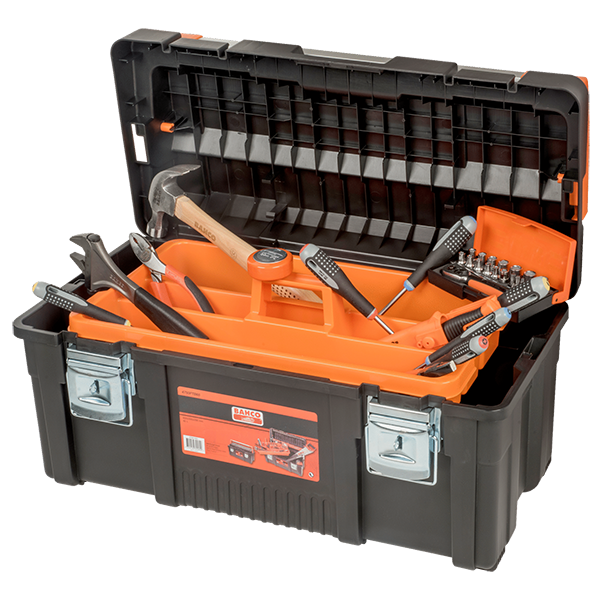 BOITE A OUTILS PLASTIQUE 650X300X 295 MM GARNIE AVEC 8 OUTILS