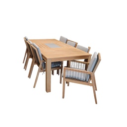 [442377] Bianco table a manger 2250x1040x760mm avec incrustation de tuile 1pc et chaise abec dossier et cote tresses en corde avec coussin