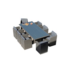[41683] ENSEMBLE TABLE A MANGER EXTERIEUR 9 PIECES+HOUSSE TABLE CEDRE 213X104 ET 8 FAUTEUILS CARRE CEDRE AVEC COUSSINS