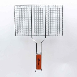 [40118] GRILLE DOUBLE 6 HAMBURGERS EN ACIER CHROME 34 X 22 CM AVEC POIGNEE EN BAMBOU