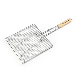 [40117] GRILLE DOUBLE A POISSONS EN ACIER CHROME 28 X 28 CM AVEC POIGNEE EN BAMBOU