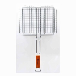 [40119] GRILLE DOUBLE EN ACIER CHROME 32 X 25 CM AVEC POIGNEE EN BAMBOU