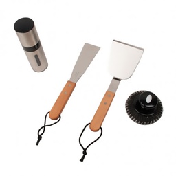 [40113] VALISETTE DE 4 ACCESSOIRES EN ACIER INOXYDABLE : 1 SPATULE 1 BROSSE 1 GRATTOIR 1 SPRAY A HUILE