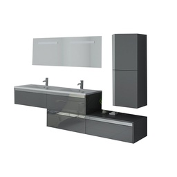 [22095] MEUBLE SALLE DE BAIN DOUBLE VASQUE TAUPE + CAISSON GRIS ET MIROIR LED 1200X470X180MM  #501-4-3