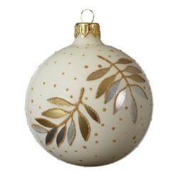 [10670] BOULE DE NOEL VERRE 80MM FEUILLE PAILL