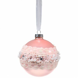 [10691] BOULE DE NOEL VERRE 100MM DENTELLE PERLE