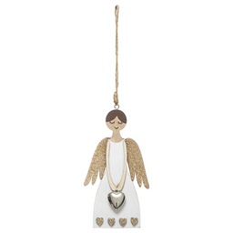[12815] SUJET DE NOEL BOIS ANGE COEUR ARGENTE 9CM