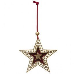 [12830] SUJET DE NOEL BOIS ETOILE DORE BORDEAUX 10CM