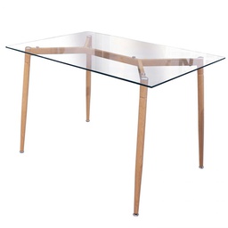 [12891] TABLE EN VERRE PIEDS METAL EFFET BOIS 75X115CM