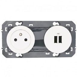 [32662] PRISE DE COURANT 2P+T SURFACE + CHARGEUR 2 USB TYPE-A DOOXIE 3A PRECABLES FINITION BLANC