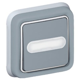 [33799] POUSSOIR INVERSEUR ETANCHE NO+NF LUMINEUX AVEC PORTE-ETIQUETTE PLEXO COMPLET IP55 ENCASTRE 10A - GRIS