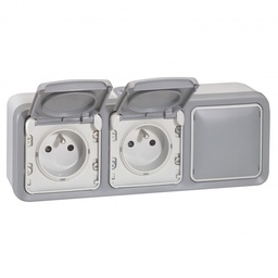 [33980] DOUBLE PRISE DE COURANT + OBTURATEUR PLEXO COMPLET APPARENT - GRIS