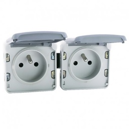 [33984] DOUBLE PRISE DE COURANT ETANCHE 2P+T PRECABLEES A L HORIZONTALE PLEXO COMPOSABLE IP55 16A 250V - GRIS